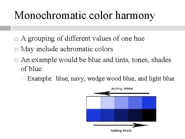 Monochromatic color harmony A grouping of different values of one hue May include achromatic