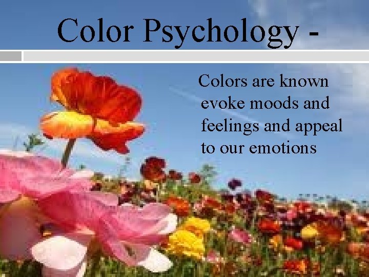 Color Psychology Colors are known evoke moods and feelings and appeal to our emotions