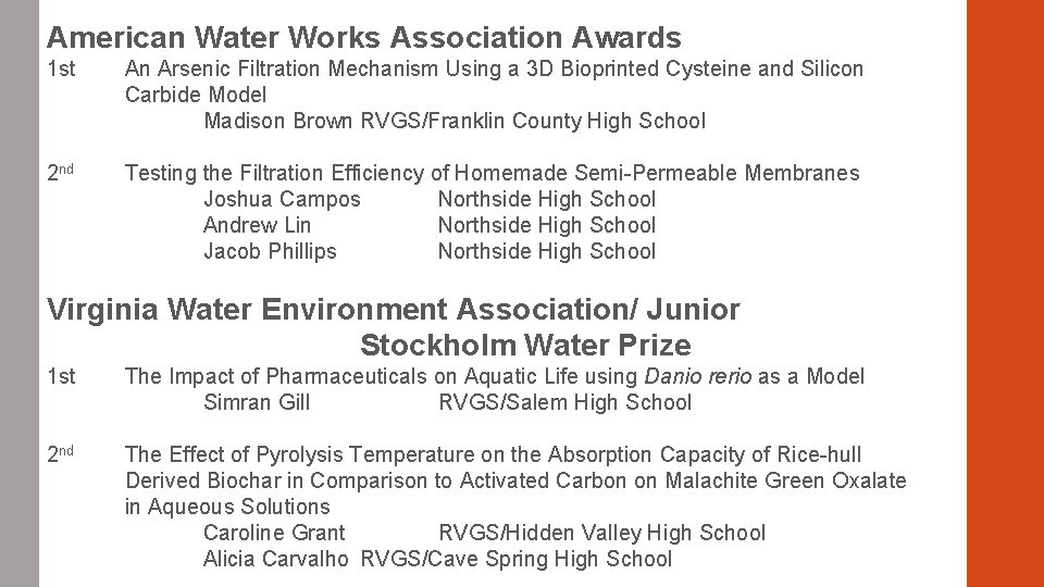 American Water Works Association Awards 1 st An Arsenic Filtration Mechanism Using a 3 American Water Works Association Awards 1 st An Arsenic Filtration Mechanism Using a 3