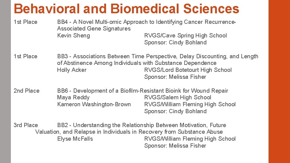 Behavioral and Biomedical Sciences 1 st Place BB 4 - A Novel Multi-omic Approach Behavioral and Biomedical Sciences 1 st Place BB 4 - A Novel Multi-omic Approach