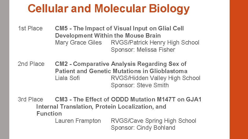 Cellular and Molecular Biology 1 st Place CM 5 - The Impact of Visual Cellular and Molecular Biology 1 st Place CM 5 - The Impact of Visual