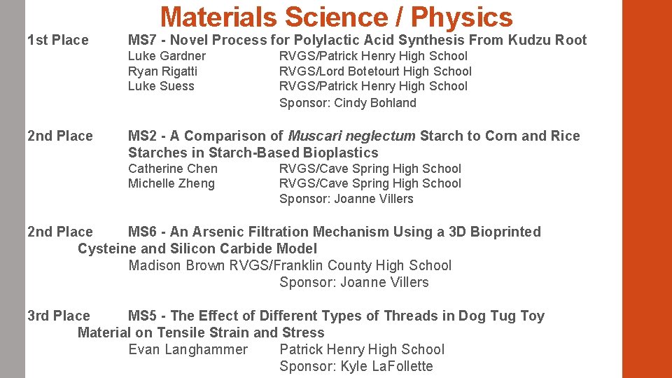 1 st Place Materials Science / Physics MS 7 - Novel Process for Polylactic 1 st Place Materials Science / Physics MS 7 - Novel Process for Polylactic