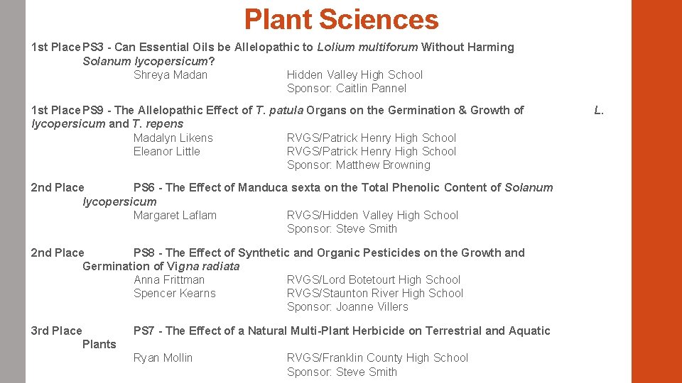 Plant Sciences 1 st Place PS 3 - Can Essential Oils be Allelopathic to Plant Sciences 1 st Place PS 3 - Can Essential Oils be Allelopathic to