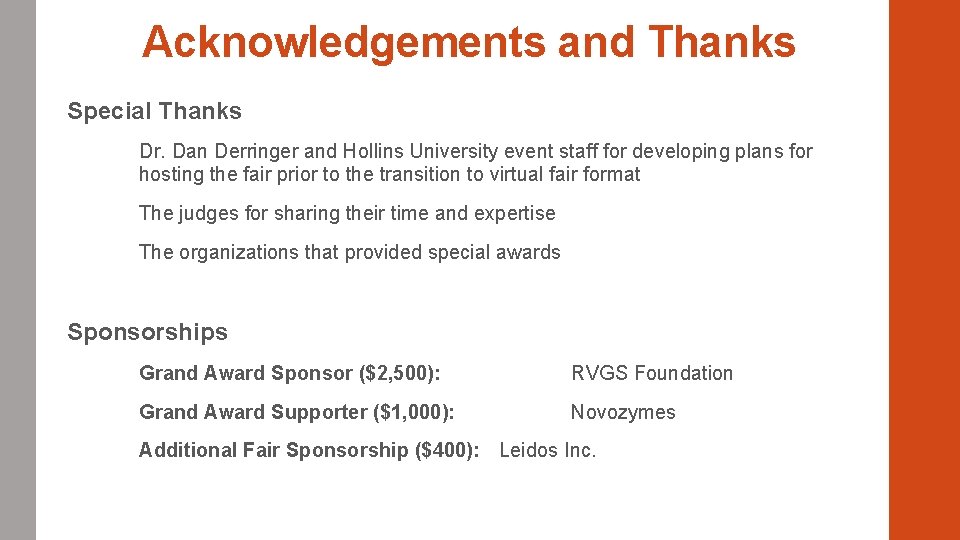 Acknowledgements and Thanks Special Thanks Dr. Dan Derringer and Hollins University event staff for Acknowledgements and Thanks Special Thanks Dr. Dan Derringer and Hollins University event staff for