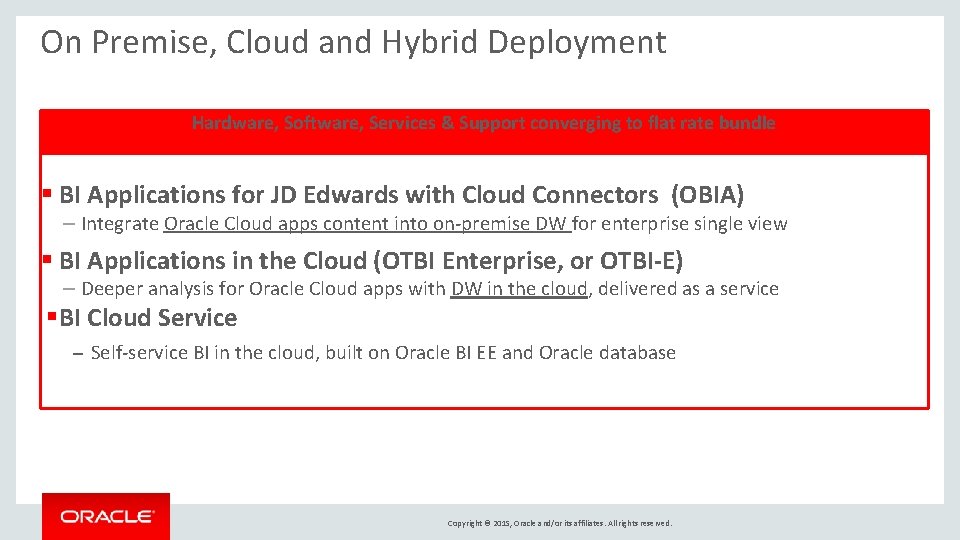 On Premise, Cloud and Hybrid Deployment Hardware, Software, Services & Support converging to flat