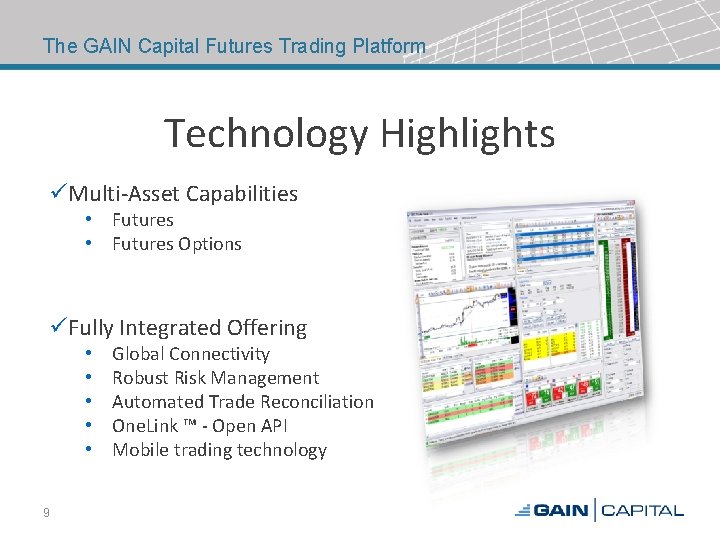 The GAIN Capital Futures Trading Platform Technology Highlights üMulti-Asset Capabilities • Futures Options üFully