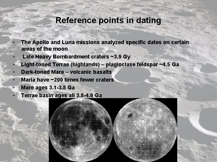 Reference points in dating • • The Apollo and Luna missions analyzed specific dates