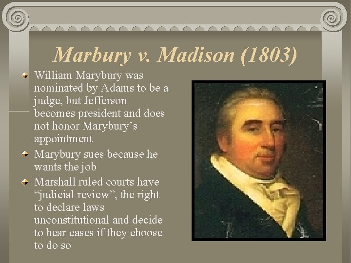 Marbury v. Madison (1803) William Marybury was nominated by Adams to be a judge,