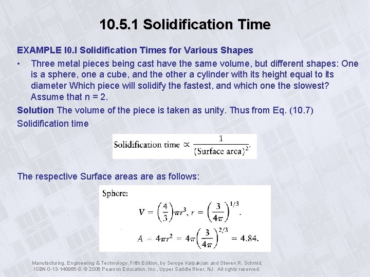 10. 5. 1 Solidification Time EXAMPLE l 0. l Solidification Times for Various Shapes