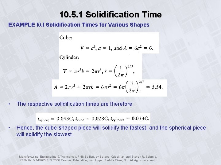 10. 5. 1 Solidification Time EXAMPLE l 0. l Solidification Times for Various Shapes