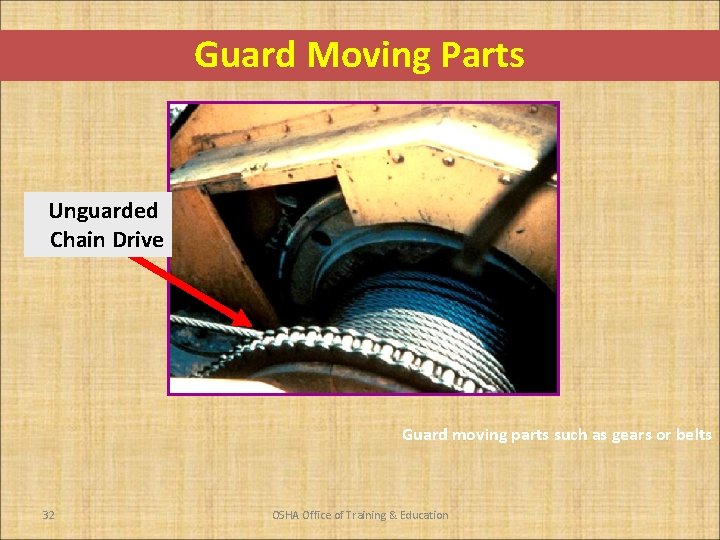 Guard Moving Parts Unguarded Chain Drive Guard moving parts such as gears or belts