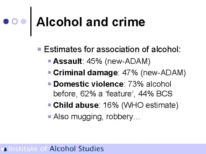 Alcohol and crime Estimates for association of alcohol: Assault: 45% (new-ADAM) Criminal damage: 47%