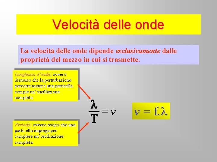 Velocità delle onde La velocità delle onde dipende esclusivamente dalle proprietà del mezzo in