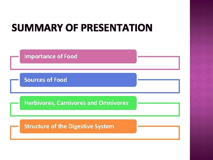 SUMMARY OF PRESENTATION Importance of Food Sources of Food Herbivores, Carnivores and Omnivores Structure