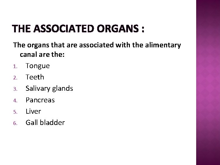 THE ASSOCIATED ORGANS : The organs that are associated with the alimentary canal are