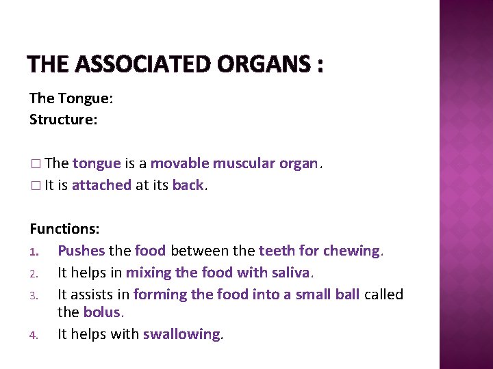 THE ASSOCIATED ORGANS : The Tongue: Structure: � The tongue is a movable muscular