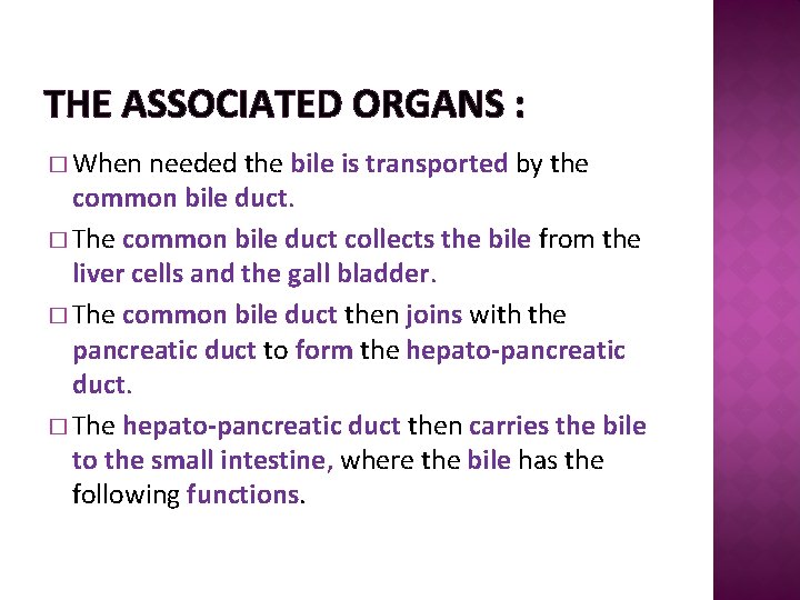 THE ASSOCIATED ORGANS : � When needed the bile is transported by the common