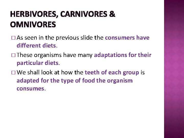 HERBIVORES, CARNIVORES & OMNIVORES � As seen in the previous slide the consumers have