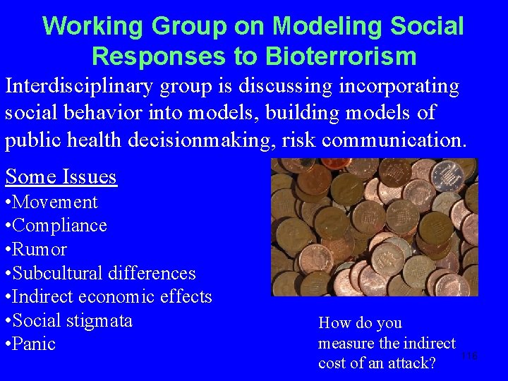 Working Group on Modeling Social Responses to Bioterrorism Interdisciplinary group is discussing incorporating social