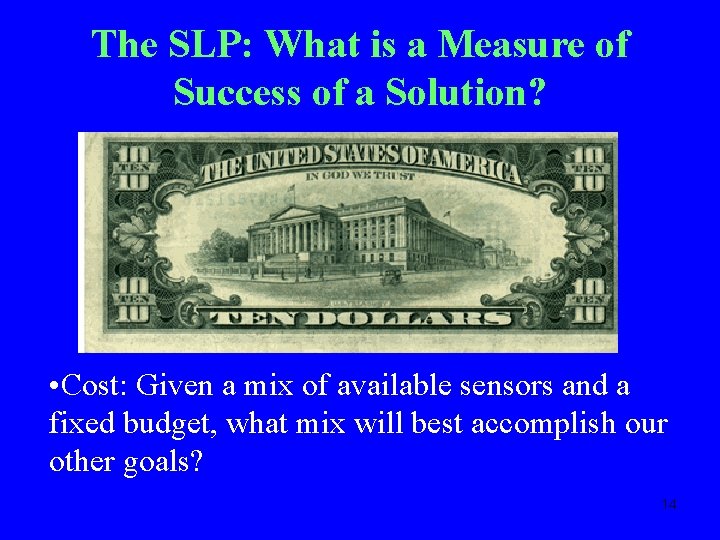 The SLP: What is a Measure of Success of a Solution? • Cost: Given