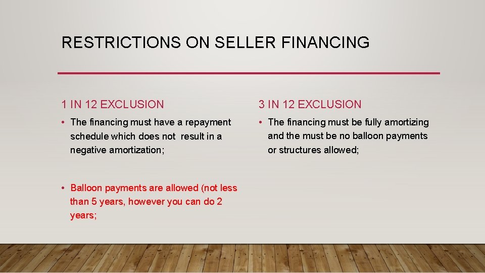 RESTRICTIONS ON SELLER FINANCING 1 IN 12 EXCLUSION 3 IN 12 EXCLUSION • The