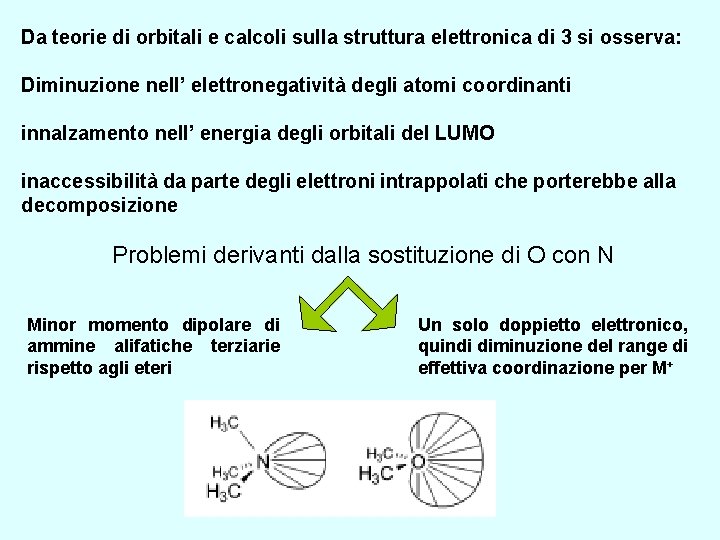 Da teorie di orbitali e calcoli sulla struttura elettronica di 3 si osserva: Diminuzione