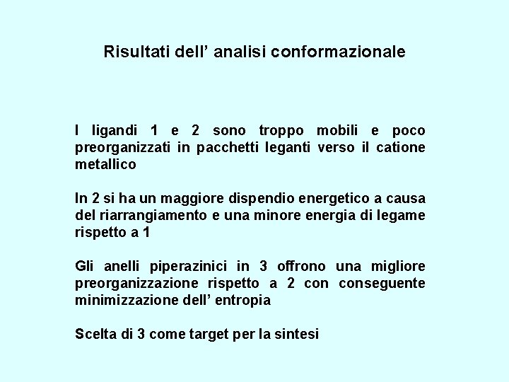 Risultati dell’ analisi conformazionale I ligandi 1 e 2 sono troppo mobili e poco