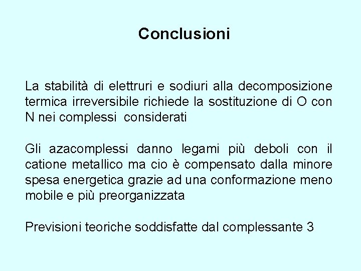 Conclusioni La stabilità di elettruri e sodiuri alla decomposizione termica irreversibile richiede la sostituzione