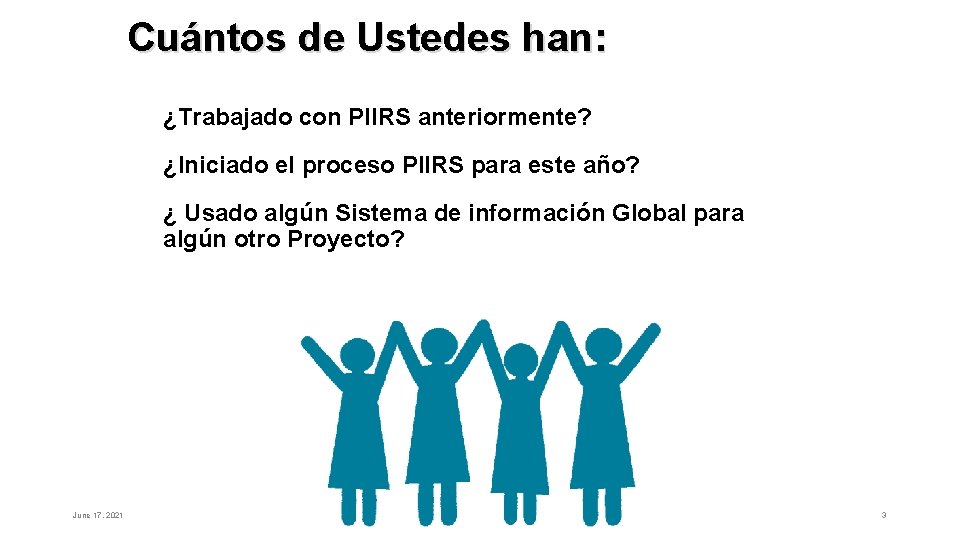 Cuántos de Ustedes han: ¿Trabajado con PIIRS anteriormente? ¿Iniciado el proceso PIIRS para este