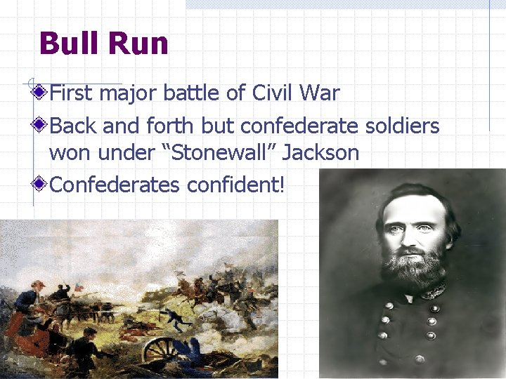 Bull Run First major battle of Civil War Back and forth but confederate soldiers