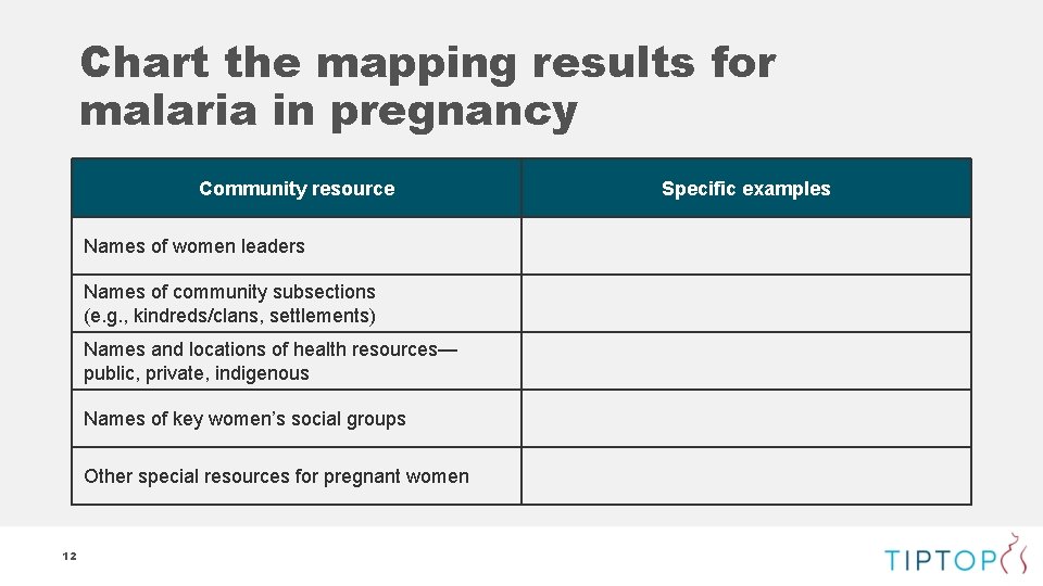 Chart the mapping results for malaria in pregnancy Community resource Names of women leaders