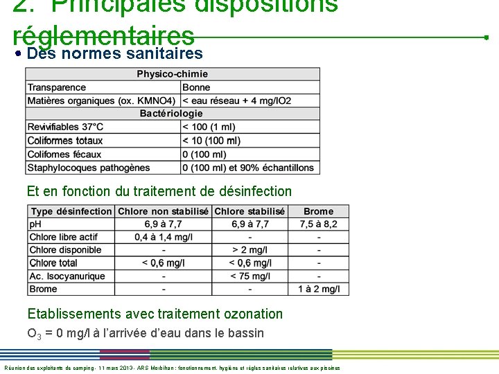 2. Principales dispositions réglementaires Des normes sanitaires Et en fonction du traitement de désinfection