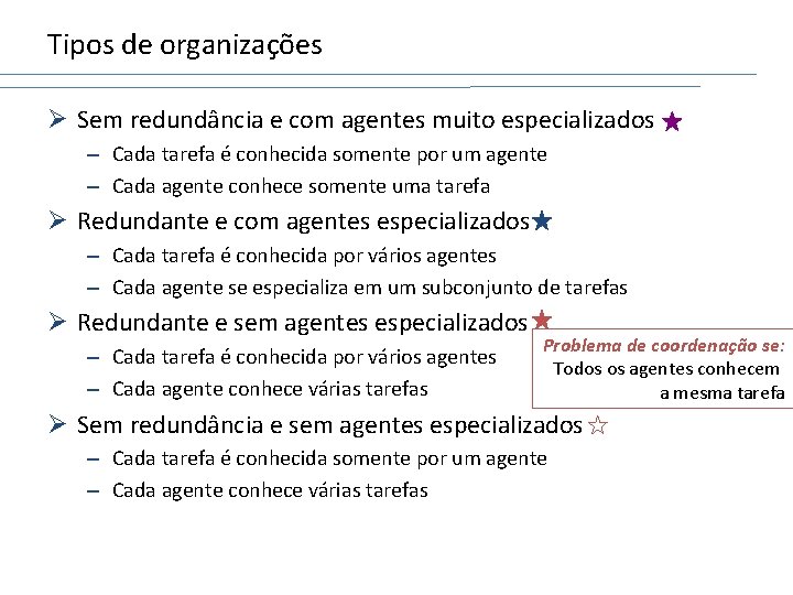 Tipos de organizações Ø Sem redundância e com agentes muito especializados – Cada tarefa