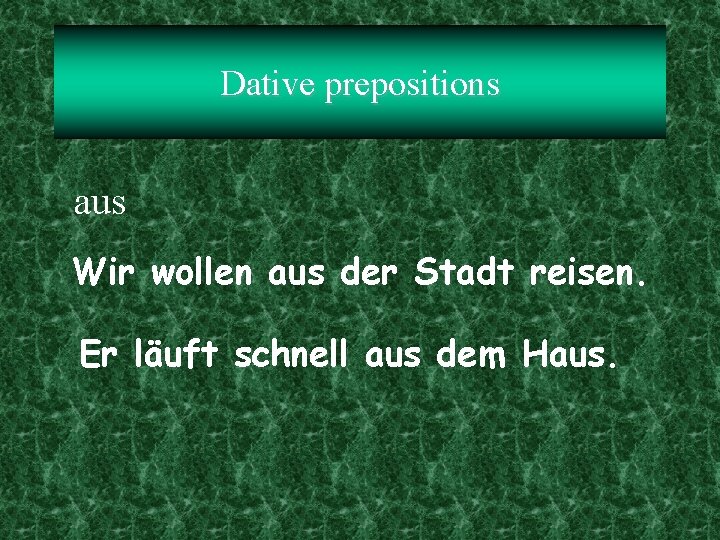 Dative prepositions aus Wir wollen aus der Stadt reisen. Er läuft schnell aus dem