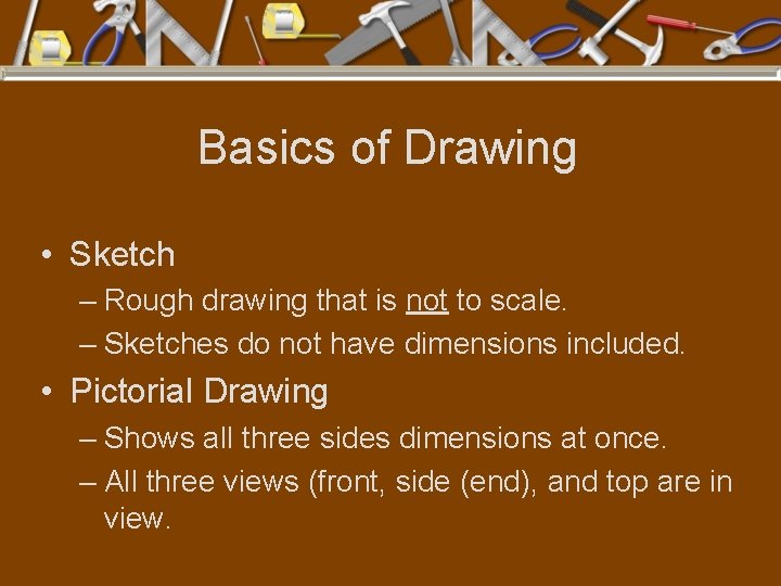 Basics of Drawing • Sketch – Rough drawing that is not to scale. –