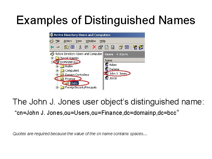 Examples of Distinguished Names The John J. Jones user object’s distinguished name: “cn=John J.