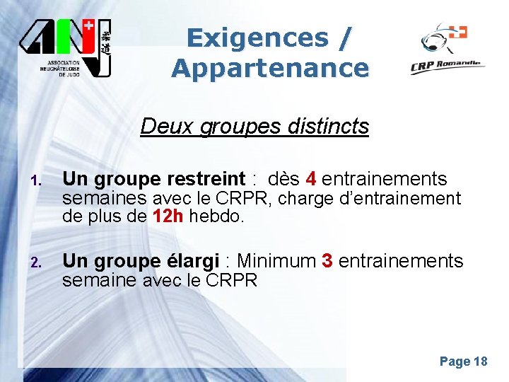 Exigences / Appartenance Deux groupes distincts 1. Un groupe restreint : dès 4 entrainements