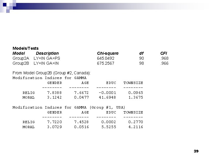 Models/Tests Model Description Group 2 A LY=IN GA=PS Group 2 B LY=IN GA=IN Chi-square