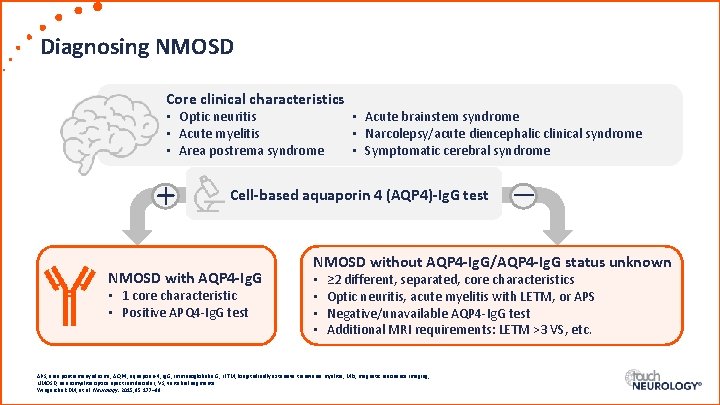 Diagnosing NMOSD Core clinical characteristics • Optic neuritis • Acute myelitis • Area postrema