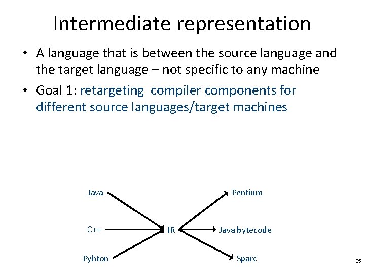 Intermediate representation • A language that is between the source language and the target