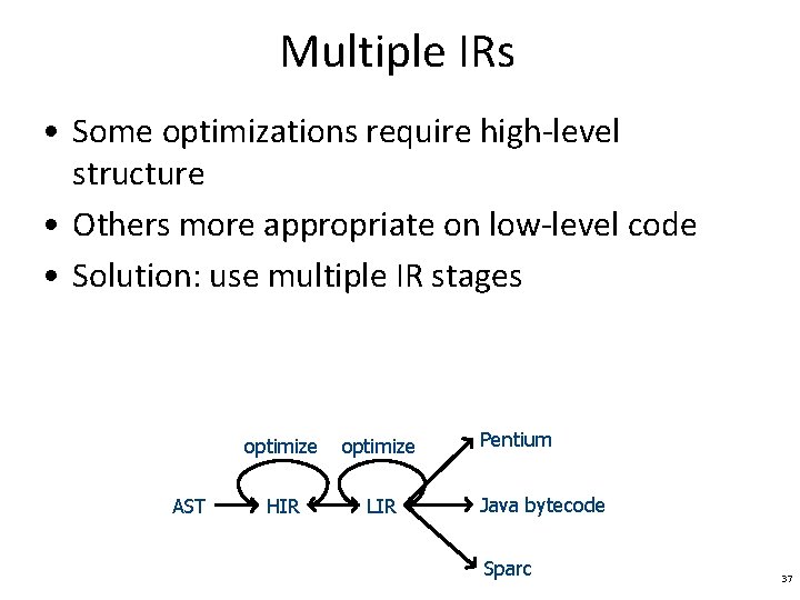 Multiple IRs • Some optimizations require high-level structure • Others more appropriate on low-level