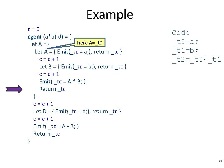 Example c=0 cgen( (a*b)-d) = { here A=_t 0 Let A = { Emit(_tc