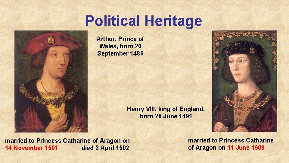 Political Heritage Arthur, Prince of Wales, born 20 September 1486 Henry VIII, king of
