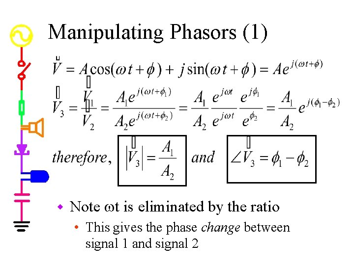 Manipulating Phasors (1) w Note wt is eliminated by the ratio • This gives