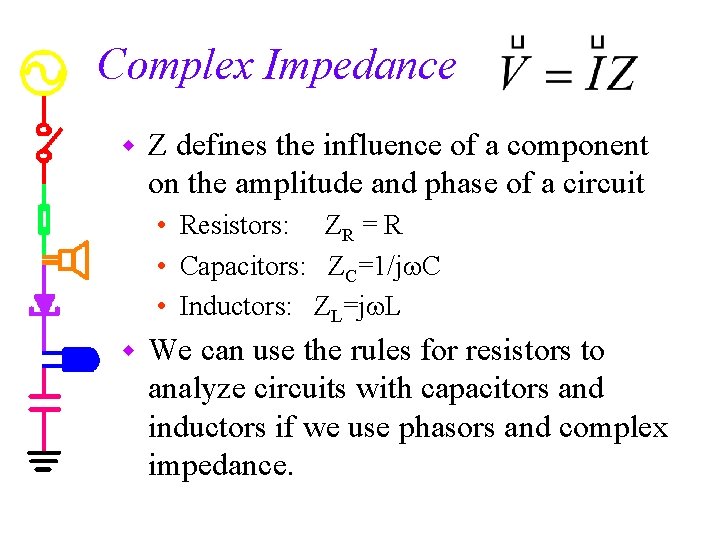 Complex Impedance w Z defines the influence of a component on the amplitude and