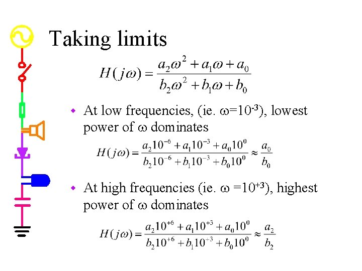 Taking limits w At low frequencies, (ie. w=10 -3), lowest power of w dominates