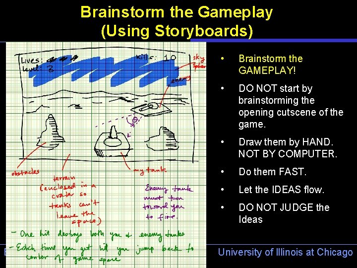 Brainstorm the Gameplay (Using Storyboards) Electronic Visualization Laboratory (EVL) • Brainstorm the GAMEPLAY! •