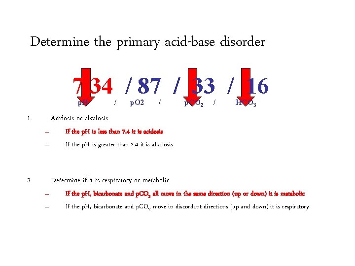 Determine the primary acid-base disorder 7. 34 / 87 / 33 / 16 p.