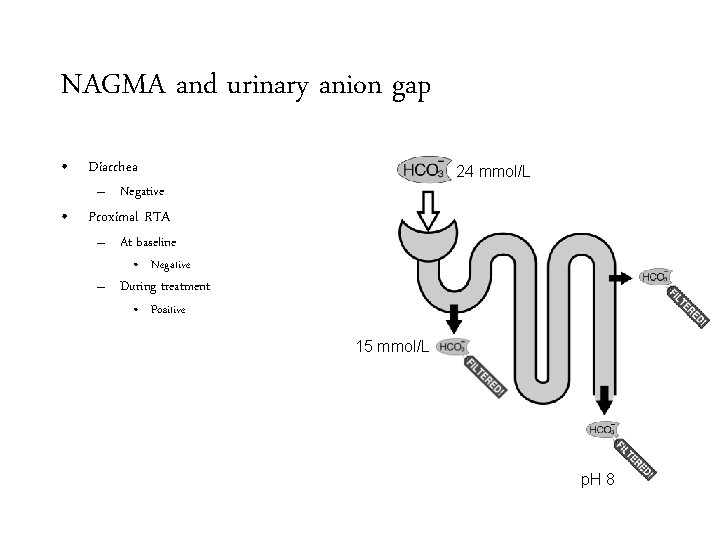 NAGMA and urinary anion gap • Diarrhea 24 mmol/L – Negative • Proximal RTA