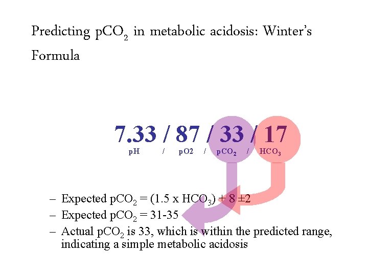 Predicting p. CO 2 in metabolic acidosis: Winter’s Formula 7. 33 / 87 /